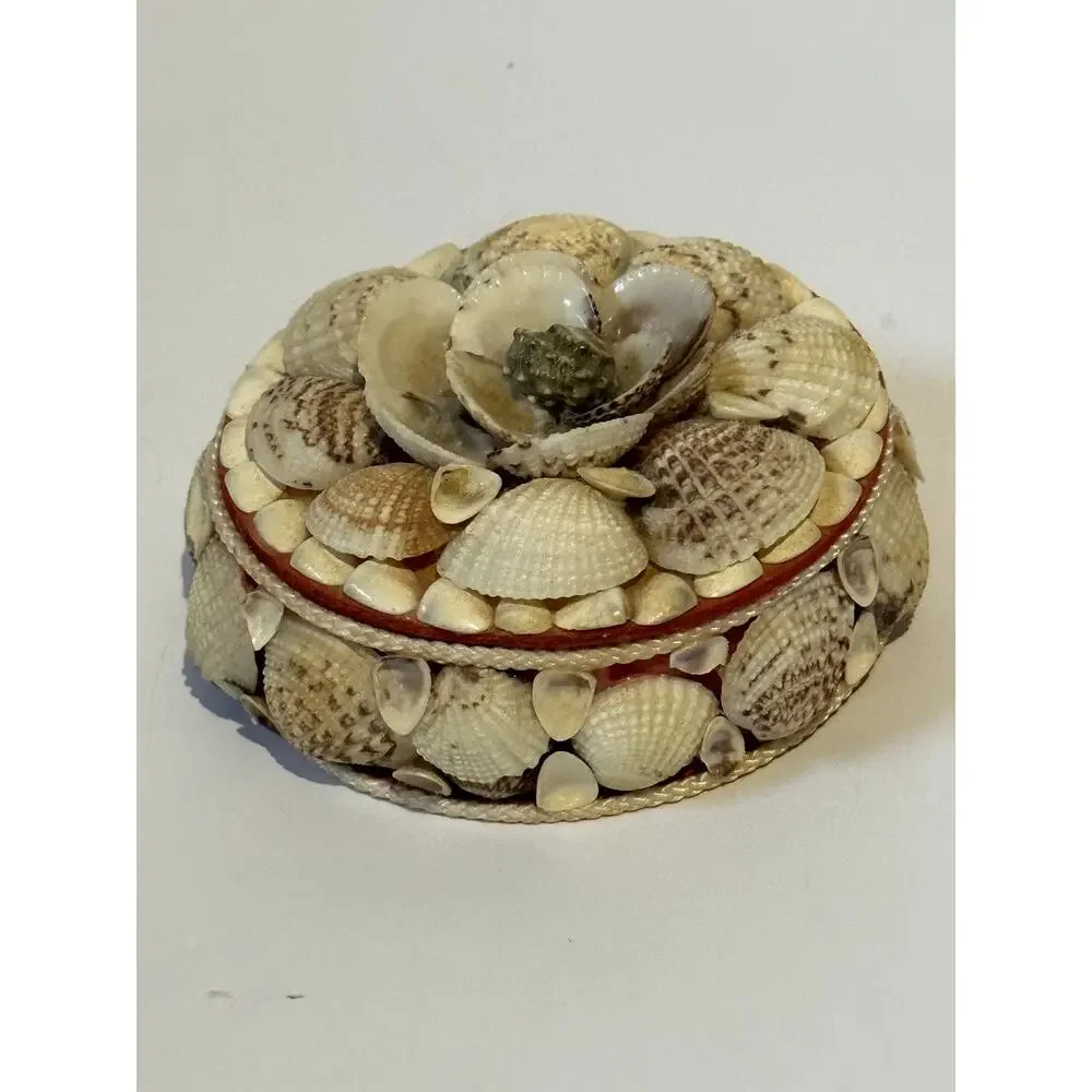 Vintage Seashell Round Trinket Box Red Lined Boho Beach Decore Small Flaws